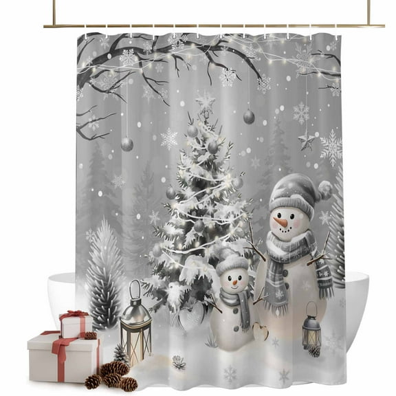 Shower Curtain 36"W x 72"L Winter Snowman Gray Christmas Tree Snowflake Fabric Shower Curtains Set with Hooks Water Repellent Bathroom Curtains Machine Washable Bathroom Accessories