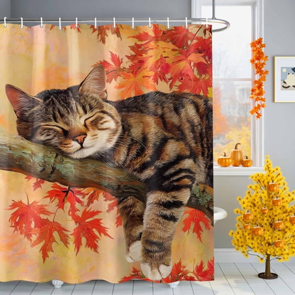 Shower Curtain 36"W x 78"L Autumn Thanksgiving Asleep Cat Maple Leaves Fabric Shower Curtains Set with Hooks Water Repellent Bathroom Curtains Machine Washable Bathroom Accessories