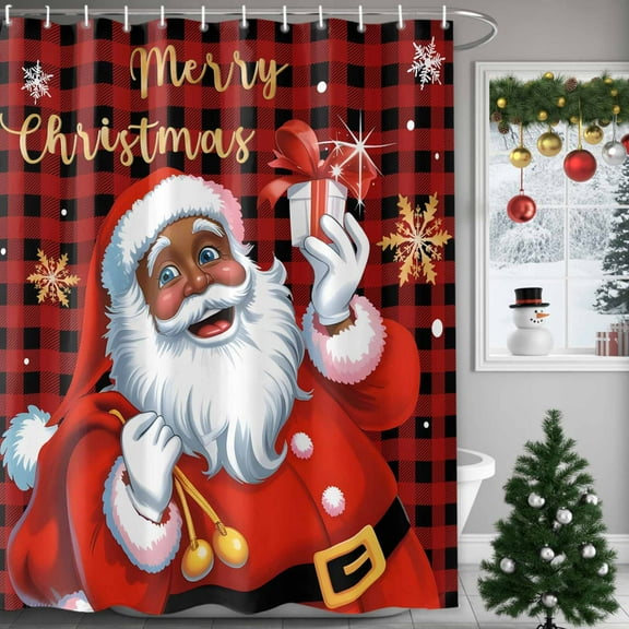 Shower Curtain 36"W x 78"L Christmas Black Santa Claus Red Plaid Fabric Shower Curtains Set with Hooks Water Repellent Bathroom Curtains Machine Washable Bathroom Accessories