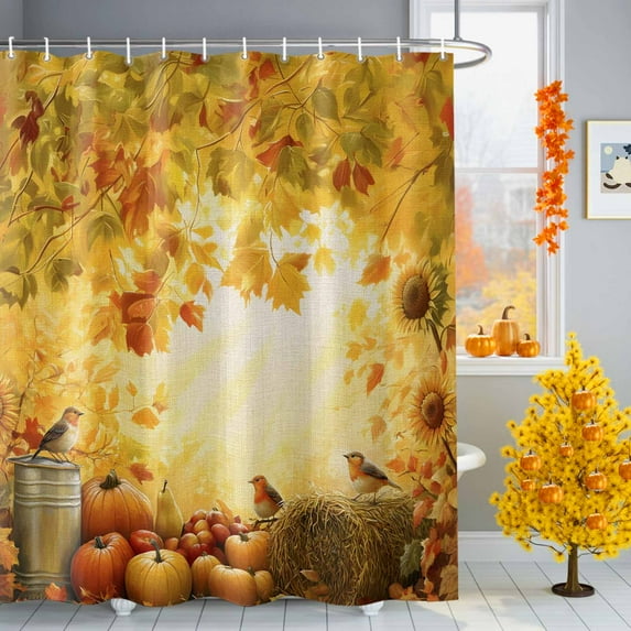 Shower Curtain 36"W x 78"L Fall Maple Leaves Pumpkins Fruits Harvest Fabric Shower Curtains Set with Hooks Water Repellent Bathroom Curtains Machine Washable Bathroom Accessories