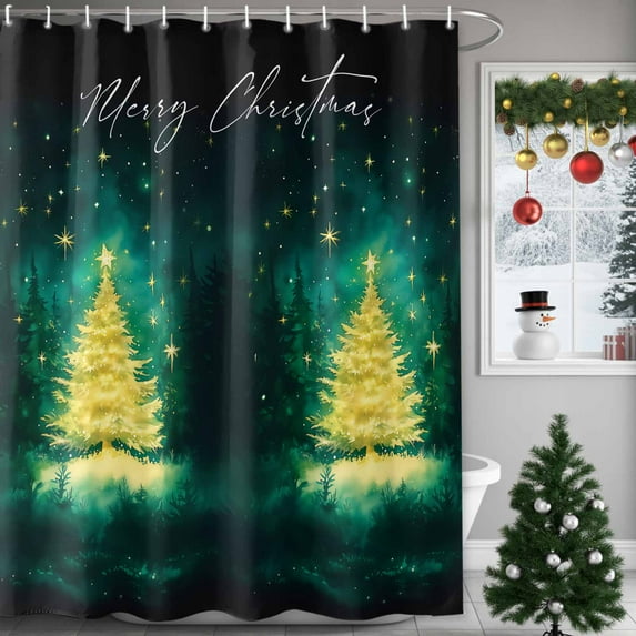 Shower Curtain 36"W x 78"L Merry Christmas Winter Yellow Xmas Tree Starry Night Fabric Shower Curtains Set with Hooks Water Repellent Bathroom Curtains Machine Washable Bathroom Accessories