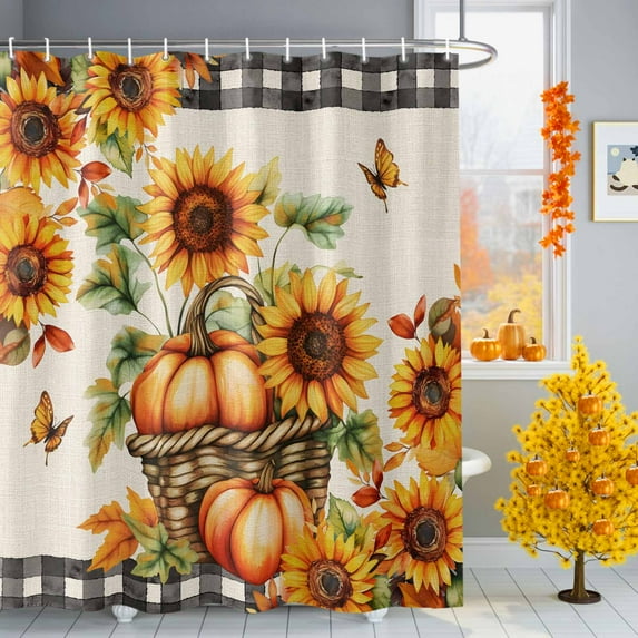 Shower Curtain 36"W x 78"L Pumpkin Thanksgiving Rustic Sunflowers Pumpkins Fabric Shower Curtains Set with Hooks Water Repellent Bathroom Curtains Machine Washable Bathroom Accessories