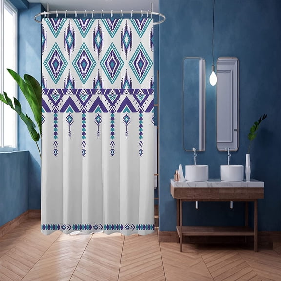 Shower Curtain 36x72Inch stall Narrow Partition Fabric Shower Curtain, Teal Water Resistant Polyester Fabric Bathroom Curtain Farmhouse Tribal Geometric Shower Curtain