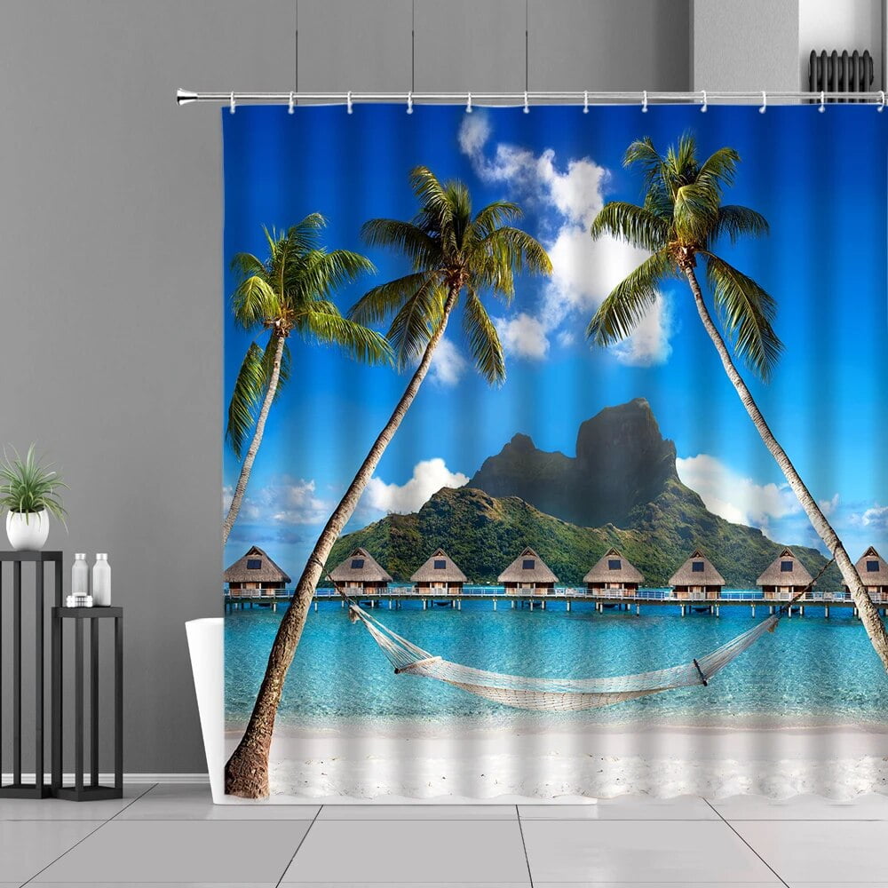 Shower Curtain 3D Print Sea View Ocean Beach Coconut Tree Curtain For