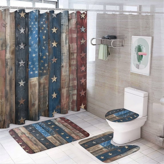 Shower Curtain 4 Piece Set American Flag Vintage Non-Slip Rugs And Toilet Mat Lid Rug Accessories Independence Day 4th of July Bathroom Decor Set with Accessories for Bathtub Decor 72inch X 72inch