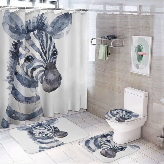 Shower Curtain 4 Piece Set Bath Mat U-Shaped Floor Mat Toilet Lid Oval Rug Watercolor Illustration Of Zebra Waterproof Personality Pattern Bath Curtain Animal Horse for Bathroom Decor