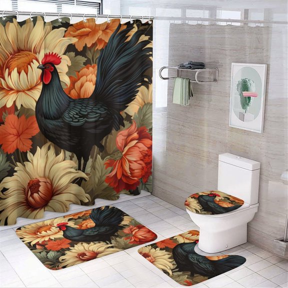 Shower Curtain 4 Piece Set Bathroom Decor Set with Non-Slip Rugs Toilet Lid Cover And Bath Mat Vintage Farmhouse Fall Pumpkin Sunflower Rooster Waterproof Shower Curtain Autumn Thanksgiving Pumpkin