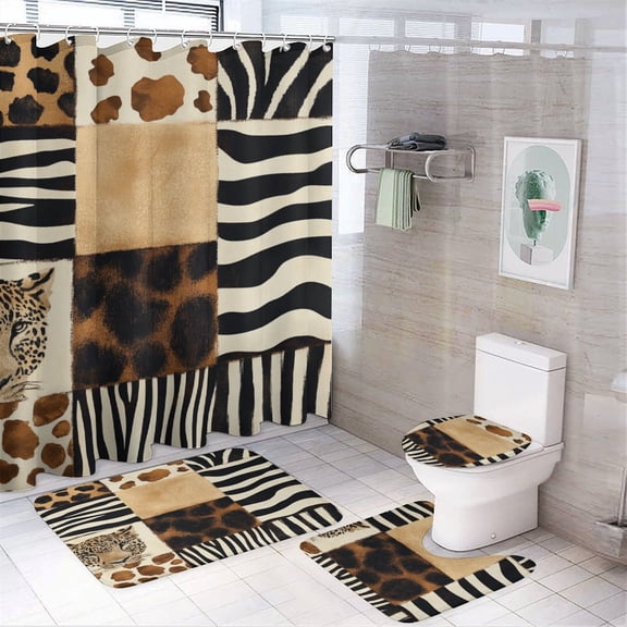 Shower Curtain 4 Piece Set Bathroom Shower Curtain Set with Rugs Leopard Zebra Animal Print Patchwork Waterproof Personality Pattern Bath Curtain Wild Animal Texture for Bathroom Decor Set