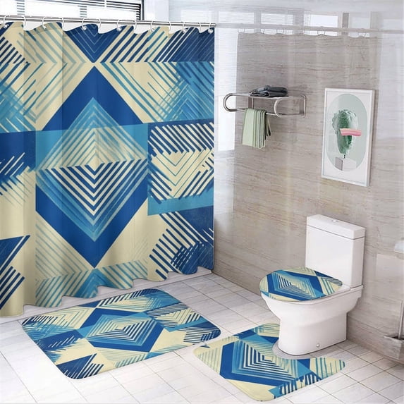Shower Curtain 4 Piece Set Blue And White Pattern with Squares, Lines, And Triangles Non-Slip Rugs And Toilet Mat Lid Rug Accessories Abstract Checkered Design 12 Hooks for Bathroom Decor