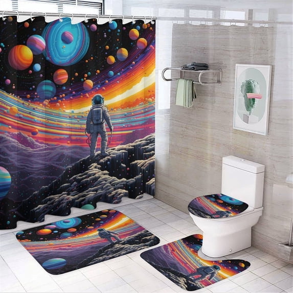 Shower Curtain 4 Piece Set Colorful Modern Astronaut Space with Non-Slip Rugs Toilet Lid Cover And Bath Mat Cartoon Planet Astronaut Outer Space Bathroom Shower Curtains Sets 72inch X 72inch