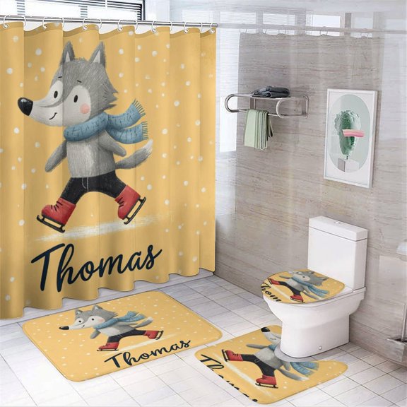 Shower Curtain 4 Piece Set Cute Cartoon Wolf Ice Skating Personalised with Rugs Include Waterproof Shower Curtain Non-Slip Rug Toilet Lid Cover Bath Mat Name & Date - Customized Shower Curtain