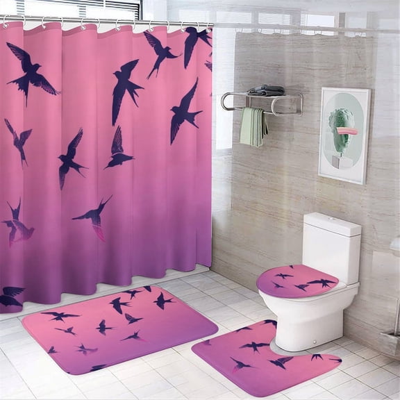 Shower Curtain 4 Piece Set Flock of Birds Flying on Sunset Non-Slip Rugs And Toilet Mat Lid Rug Accessories Sunset Scenery Shower Curtain with 12 Hooks for Bathroom Decor 72inch X 72inch