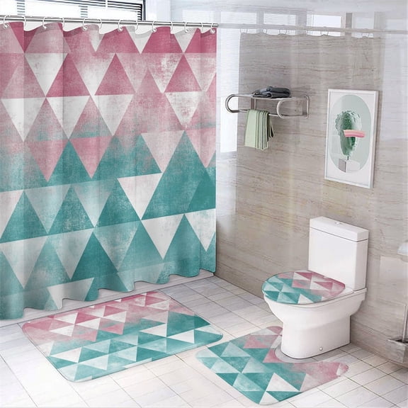 Shower Curtain 4 Piece Set Geometric Triangles Pink Teal Shower Curtain And Rugs Shower Curtain Set Graphic Irregular Shapes 12 Plastic Hooks for Bathroom Decor 72inch X 72inch