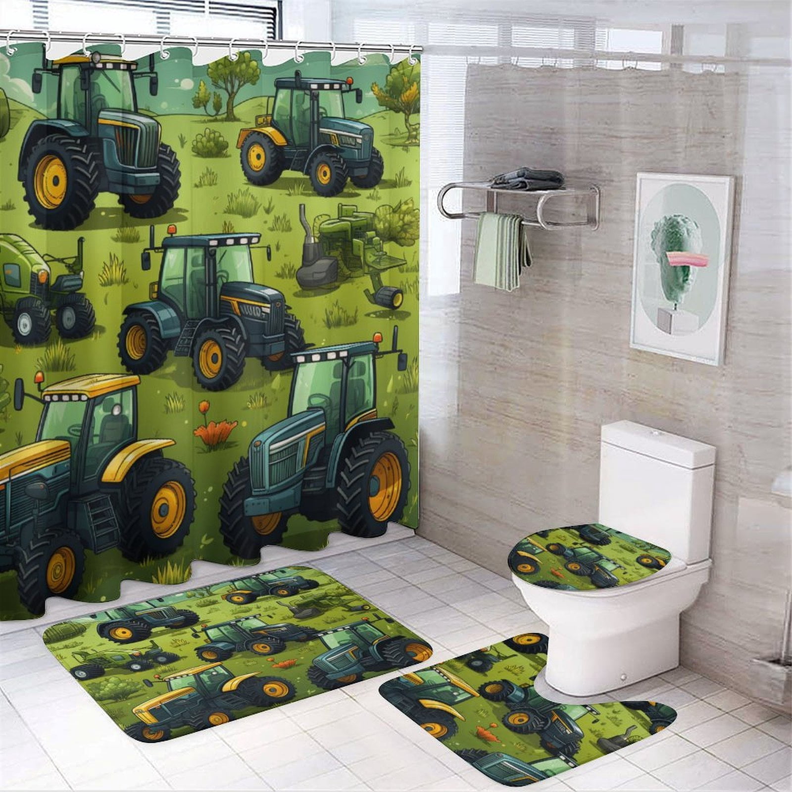 Shower Curtain 4 Piece Set Green Tractors Pattern Non-Slip Rugs And Toilet Mat Lid Rug Accessories Equipment Trucks Bathroom Decor Set with Accessories for Bathtub Decor 72inch X 72inch