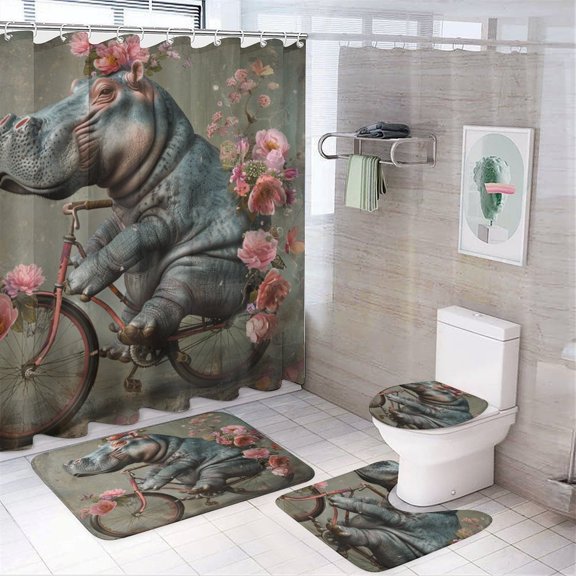 Shower Curtain 4 Piece Set Hippo on Bicycle with Flowers Bathroom Sets with Shower Curtain And Rugs 4 Piece Animal Themed Bathroom Accessories Set Decor with 12 Hooks 72inch X 72inch