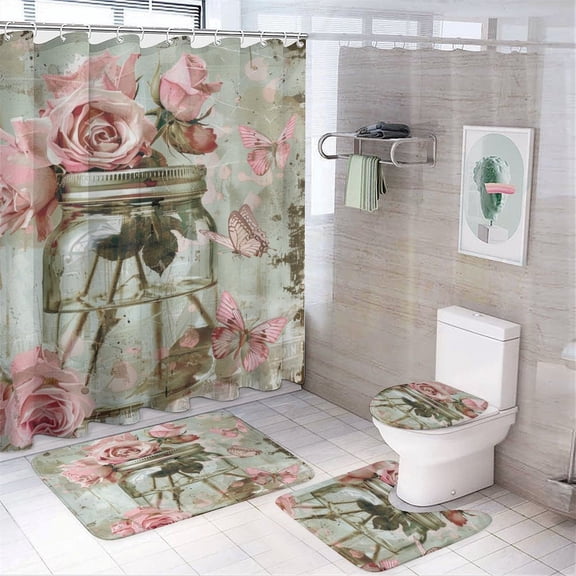Shower Curtain 4 Piece Set Jar of Pink Roses with Butterflies Bathroom Decor Set with Non-Slip Rugs Toilet Lid Cover And Bath Mat Bloom Floral Mason Jar 12 Plastic Hooks 72inch X 72inch