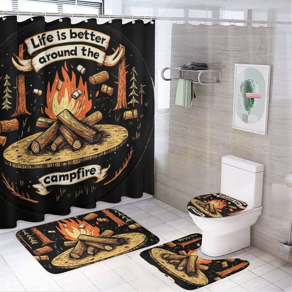 Shower Curtain 4 Piece Set Life Is Better Around The Campfire Shower Curtain And Rugs Shower Curtain Set Happy Camping 12 Plastic Hooks for Bathroom Decor Set 72inch X 72inch