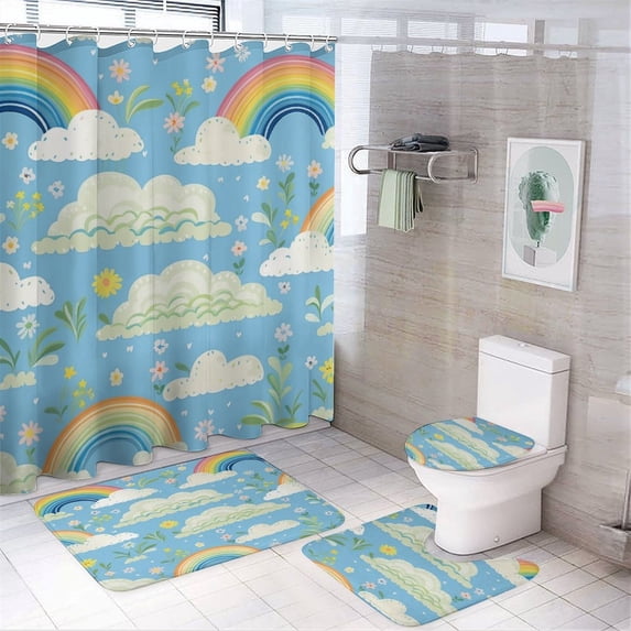 Shower Curtain 4 Piece Set with Non-Slip Rugs Toilet Lid Cover And Bath Mat Bathroom Decor Set Rainbows And Clouds Waterproof Shower Curtain Retro Nursery Rainbow Sun Cloud for Bathroom Decor Set