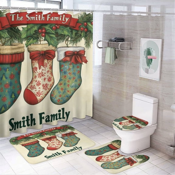 Shower Curtain 4 Piece Set with Non-Slip Rugs Toilet Lid Cover and Bath Mat Custom Family Stocking With Names And Year Waterproof Personality Pattern Bath Curtain Personalized Stockings Family of 3