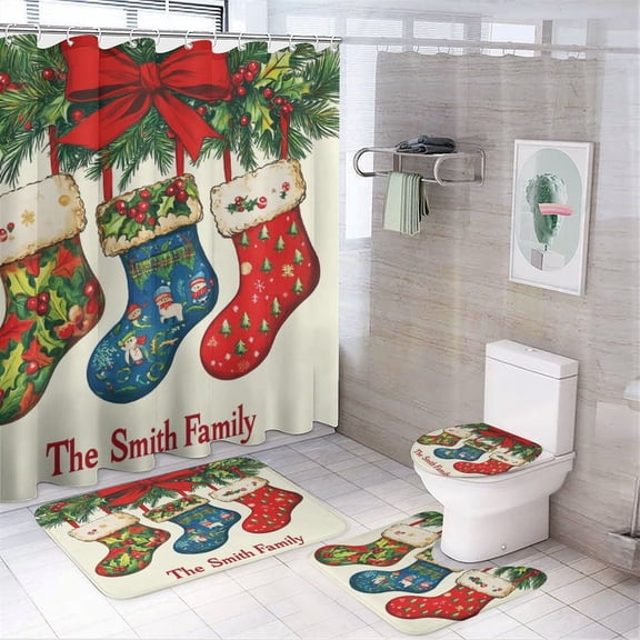 Shower Curtain 4 Piece Set Non-Slip Rugs And Toilet Mat Lid Rug Accessories Personalized Family of 3 Waterproof Durable Bathroom Decor Shower New Parent for Bathroom Decor Set