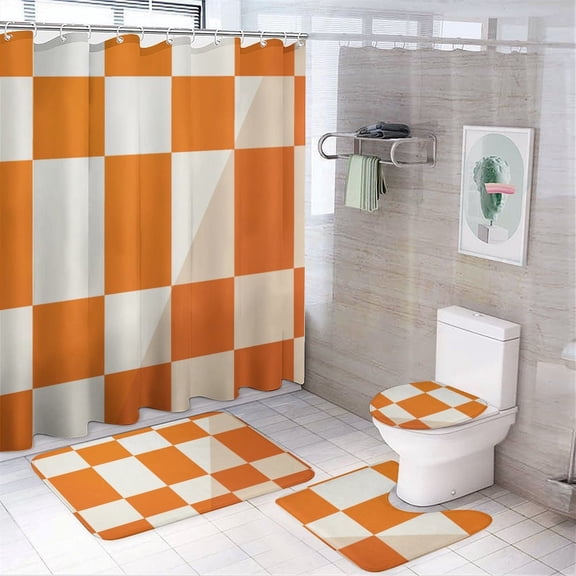 Shower Curtain 4 Piece Set Orange And White Checkered Bathroom Sets with Shower Curtain And Rugs 4 Piece Modern Geometric Bathroom Decor Sets for Bathroom Decor 72inch X 72inch
