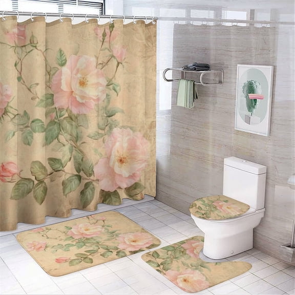 Shower Curtain 4 Piece Set Pink Roses Shabby Chic Painting with Rugs Toilet Lid Cover and Bath Mat Pink Rose Flower Floral Bathroom Decor Sets for Bathroom Decor Set 72inch X 72inch