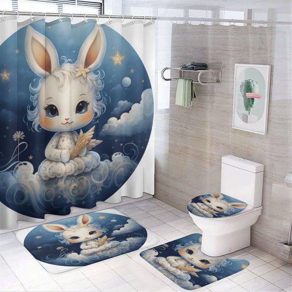 Shower Curtain 4 Piece Set Rabbit Sitting On A Moon Bathroom Decor Set with Non-Slip Rugs Toilet Lid Cover And Bath Mat Easter Gifts 12 Plastic Hooks for Bathtub Decor 72inch X 72inch