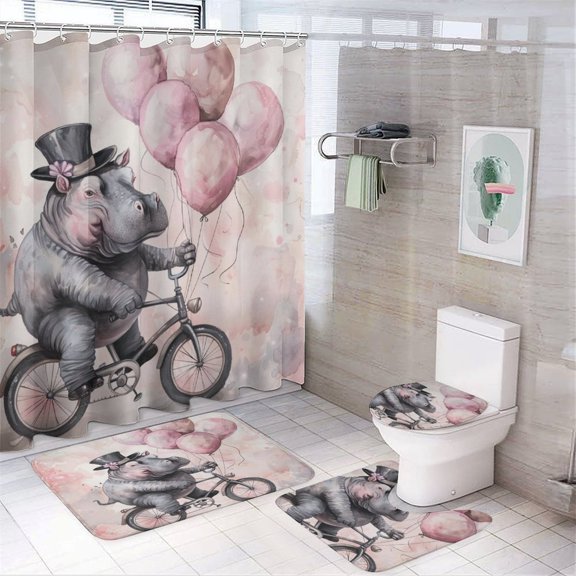 Shower Curtain 4 Piece Set Rug Toilet Lid Cover And Non-Slip U Shape Mat Hippo Dressed in A Top Hat on A Bicycle with Balloons Waterproof Durable Bathroom Decor Shower Animals Wildlife Illustrations