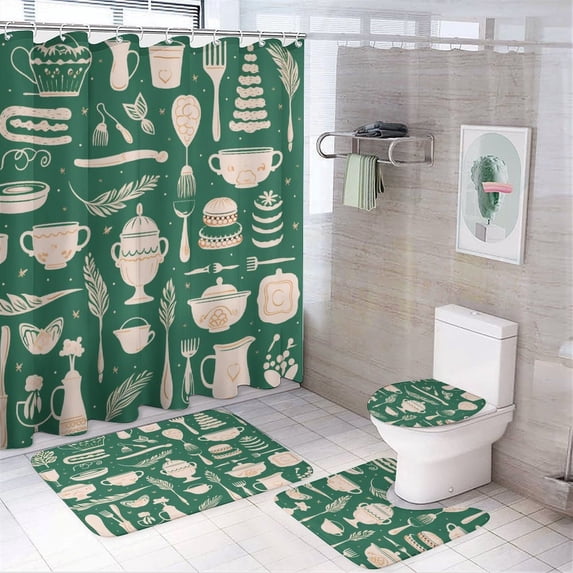 Shower Curtain 4 Piece Set with Rugs Include Waterproof Shower Curtain Non-Slip Rug Toilet Lid Cover Bath Mat Bakery Cooking Utensils Waterproof Shower Curtain Baking Mixer for Bathtub Decor