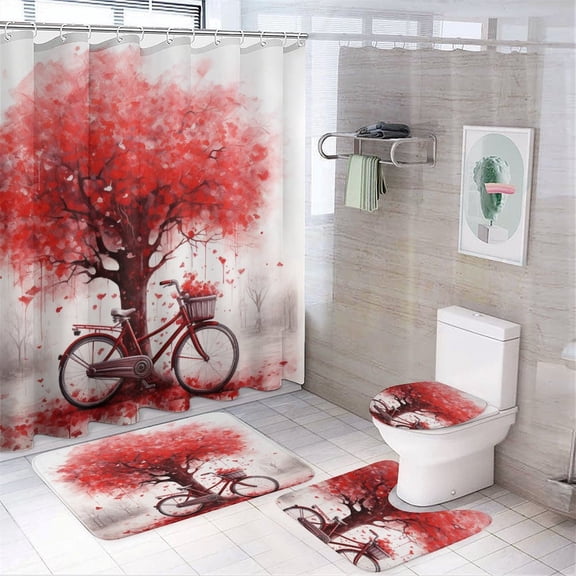 Shower Curtain 4 Piece Set with Rugs Include Waterproof Shower Curtain Non-Slip Rug Toilet Lid Cover Bath Mat Red Heart Tree With Love Bicycle Durable and Waterproof Happy Valentines Day
