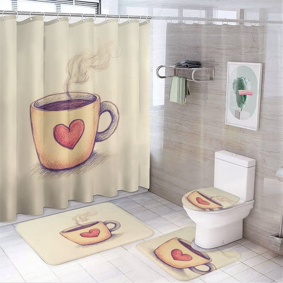 Shower Curtain 4 Piece Set with Rugs Toilet Lid Cover And Bath Mat Simple Doodle of A Coffee Mug Durable And Waterproof Coffee Cup for Bathtub Decor Durable Bathroom Decor Set