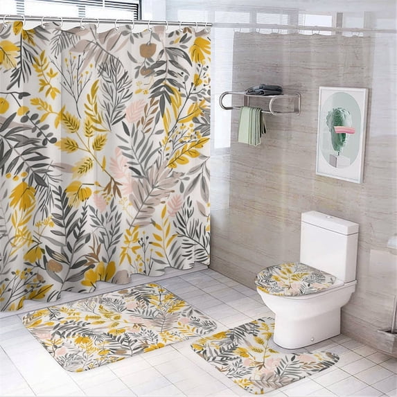 Shower Curtain 4 Piece Set Summer Leaves And Plants with Non-Slip Rugs Toilet Lid Cover And Bath Mat Bathroom Decor Set Yellow Leaf Plant Bathroom Decor Sets for Bathtub Decor 72inch X 72inch