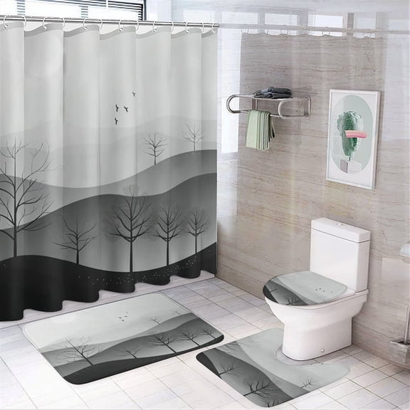 Shower Curtain 4 Piece Set Trees And Mountains in A Foggy Landscape Shower Curtain And Rugs Shower Curtain Set Abstract Sun Mountain Forest Nature Scenery 12 Hooks for Bathroom Decor Set 72inch