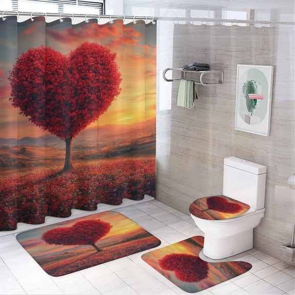 Shower Curtain 4 Piece Sets Heart-shaped Tree Shower Curtain Set with Rugs Romantic Valentine Themed Gifts 12 Plastic Hooks for Bathroom Decor 72inch X 72inch