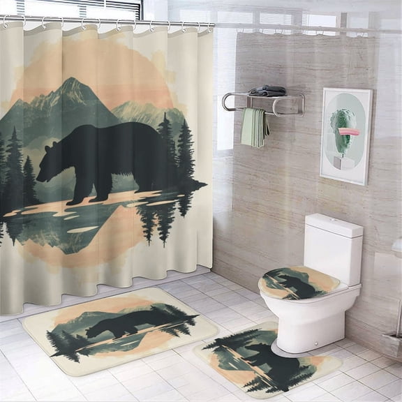 Shower Curtain 4 Piece Sets Non-Slip Rugs and Toilet Mat Lid Rug Accessories Bear And Mountain Waterproof Personality Pattern Bath Curtains Mountain Natural Theme for Bathroom Decor Sets