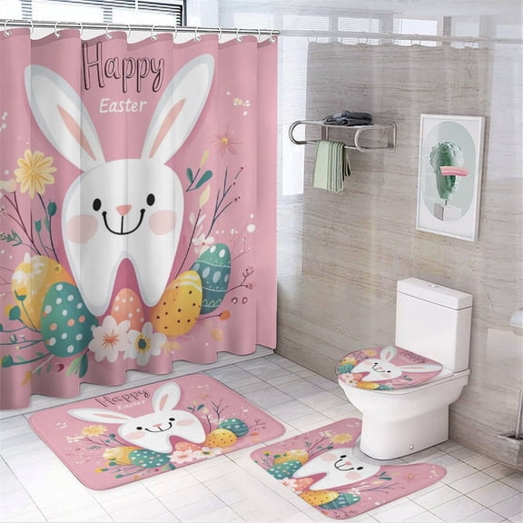 Shower Curtain 4 Piece Sets Non-Slip Rugs And Toilet Mat Lid Rug Accessories Easter Dentist Gift Waterproof Fabric Bath Curtains Teeth Dental Dentist for Bathroom Decor