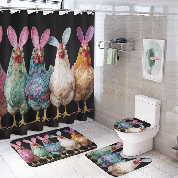 Shower Curtain 4 Piece Sets Rug Toilet Lid Cover And Non-Slip U Shape Mat Funny Chickens Easter Farm Animal Waterproof Fabric Bath Curtains Happy Easter Chicken Decorative for Bathtub Decor