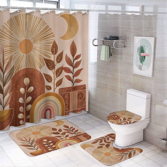 Shower Curtain 4 Piece Sets Shower Curtain Set with Rugs Mid Century Abstract Boho Orange Aesthetic Waterproof Personality Pattern Bath Curtains Bohemian Aesthetic for Bathtub Decor