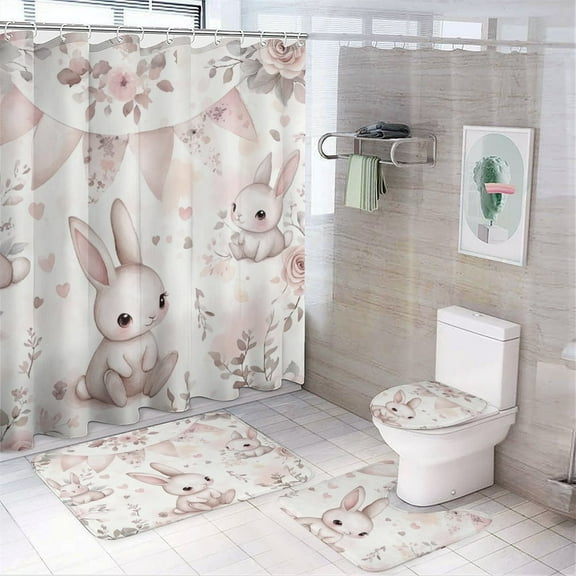 Shower Curtain 4 Piece Sets Vintage Easter Pink Rabbit Pattern Bath Mat U-Shaped Floor Mat Toilet Lid Oval Rug Spring Easter Farmhouse Bathroom Decor Set for Bathroom Decor 72inch X 72inch