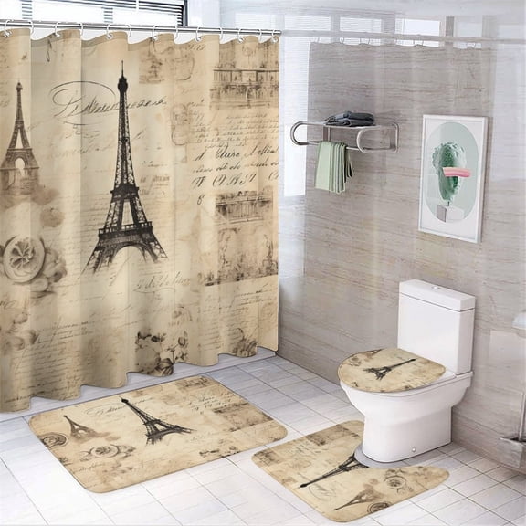 Shower Curtain 4 Piece Sets Vintage French Paris Eiffel Tower Non-Slip Rugs And Toilet Mat Lid Rug Accessories Paris Phrase Travel Tourism Landmarks 12 Hooks for Bathtub Decor 72inch X 72inch