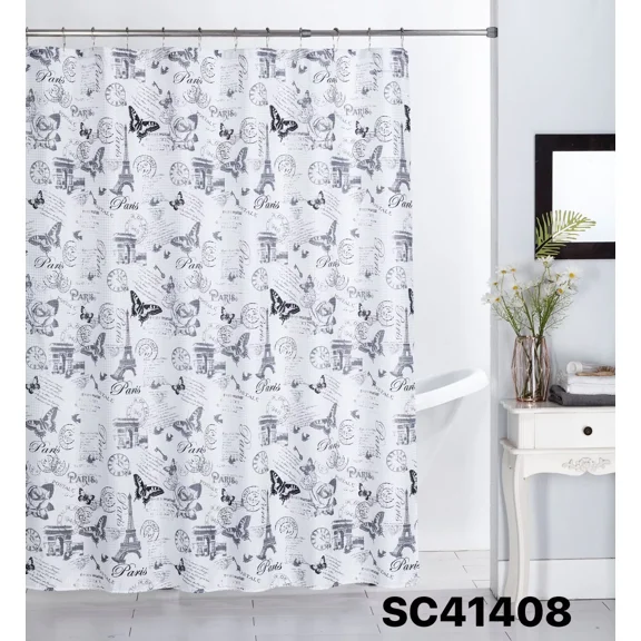 Shower Curtain 408 Paris Print Design 70" X 72" for Bathroom Tub Décor with Metal Hooks