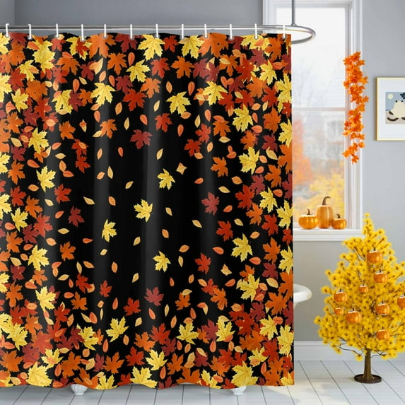 Shower Curtain 48"W x 72"L Fall Thanksgiving Maple Leaves Black Fabric Shower Curtains Set with Hooks Water Repellent Bathroom Curtains Machine Washable Bathroom Accessories
