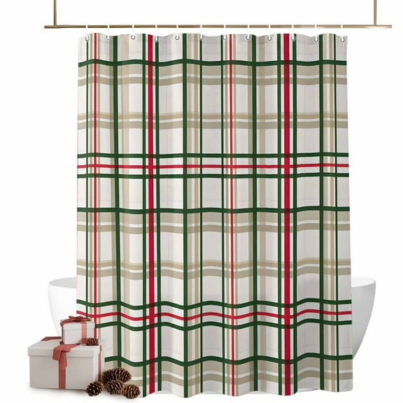 Shower Curtain 48"W x 72"L Vintage Christmas Stripes Plaids Fabric Shower Curtains Set with Hooks Water Repellent Bathroom Curtains Machine Washable Bathroom Accessories