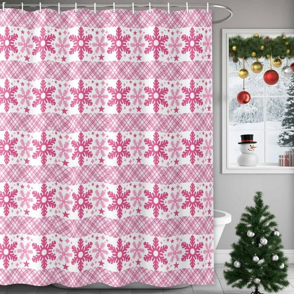 Shower Curtain 48"W x 72"L Winter Christmas Snowflakes Stars Pink Fabric Shower Curtains Set with Hooks Water Repellent Bathroom Curtains Machine Washable Bathroom Accessories