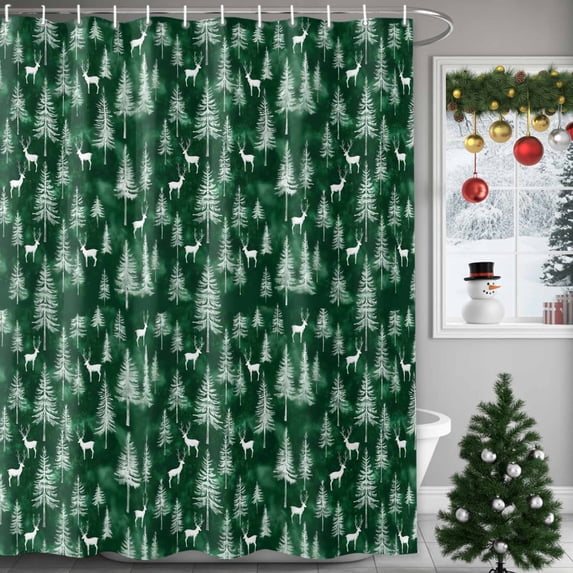 Shower Curtain 54"W x 78"L Winter Pine Trees Elk Pattern Dark Green Style Fabric Shower Curtains Set with Hooks Water Repellent Bathroom Curtains Machine Washable Bathroom Accessories