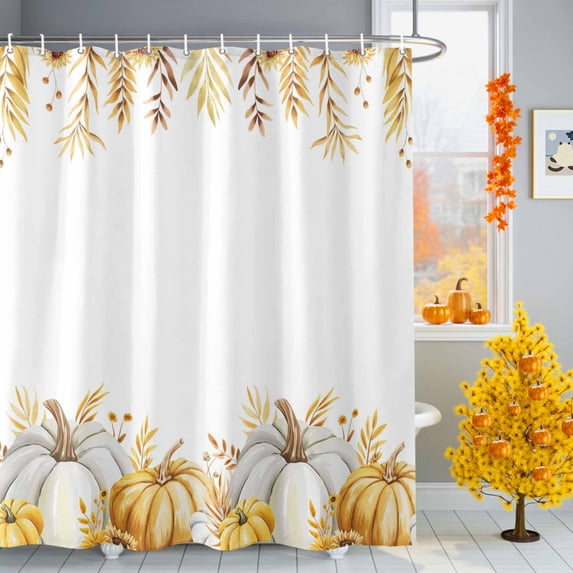 Shower Curtain 60"W x 72"L Fall Thanksgiving Yellow Pumpkins Leaves Fabric Shower Curtains Set with Hooks Water Repellent Bathroom Curtains Machine Washable Bathroom Accessories