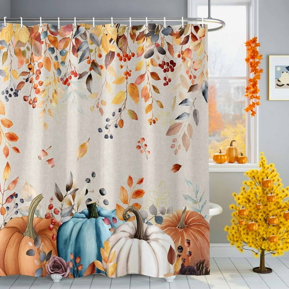 Shower Curtain 60"W x 72"L Thanksgiving Vintage Pumpkins Eucalyptus Leaves Fabric Shower Curtains Set with Hooks Water Repellent Bathroom Curtains Machine Washable Bathroom Accessories