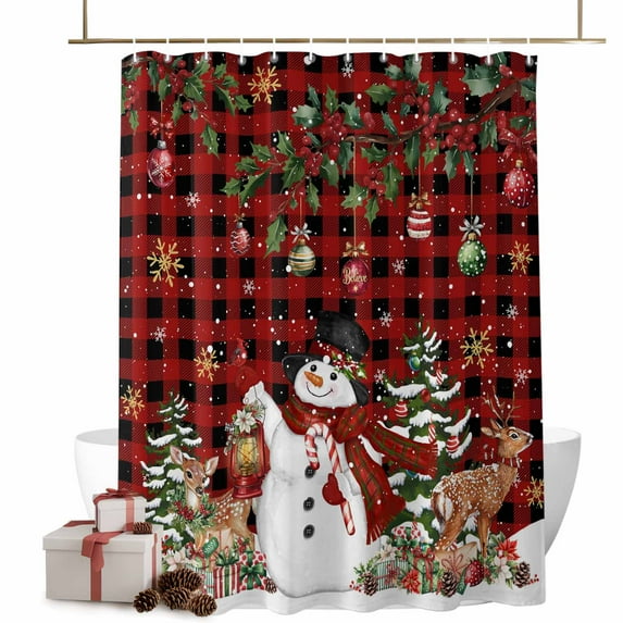 Shower Curtain 60"W x 72"L Winter Christmas Snowman Deer Holly Leaves Plaid Fabric Shower Curtains Set with Hooks Water Repellent Bathroom Curtains Machine Washable Bathroom Accessories