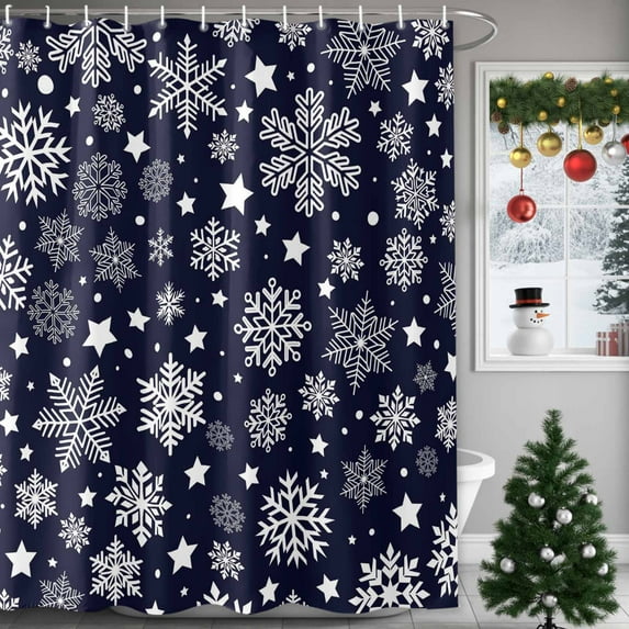 Shower Curtain 60"W x 72"L Winter Snowflakes Stars Blue Background Fabric Shower Curtains Set with Hooks Water Repellent Bathroom Curtains Machine Washable Bathroom Accessories