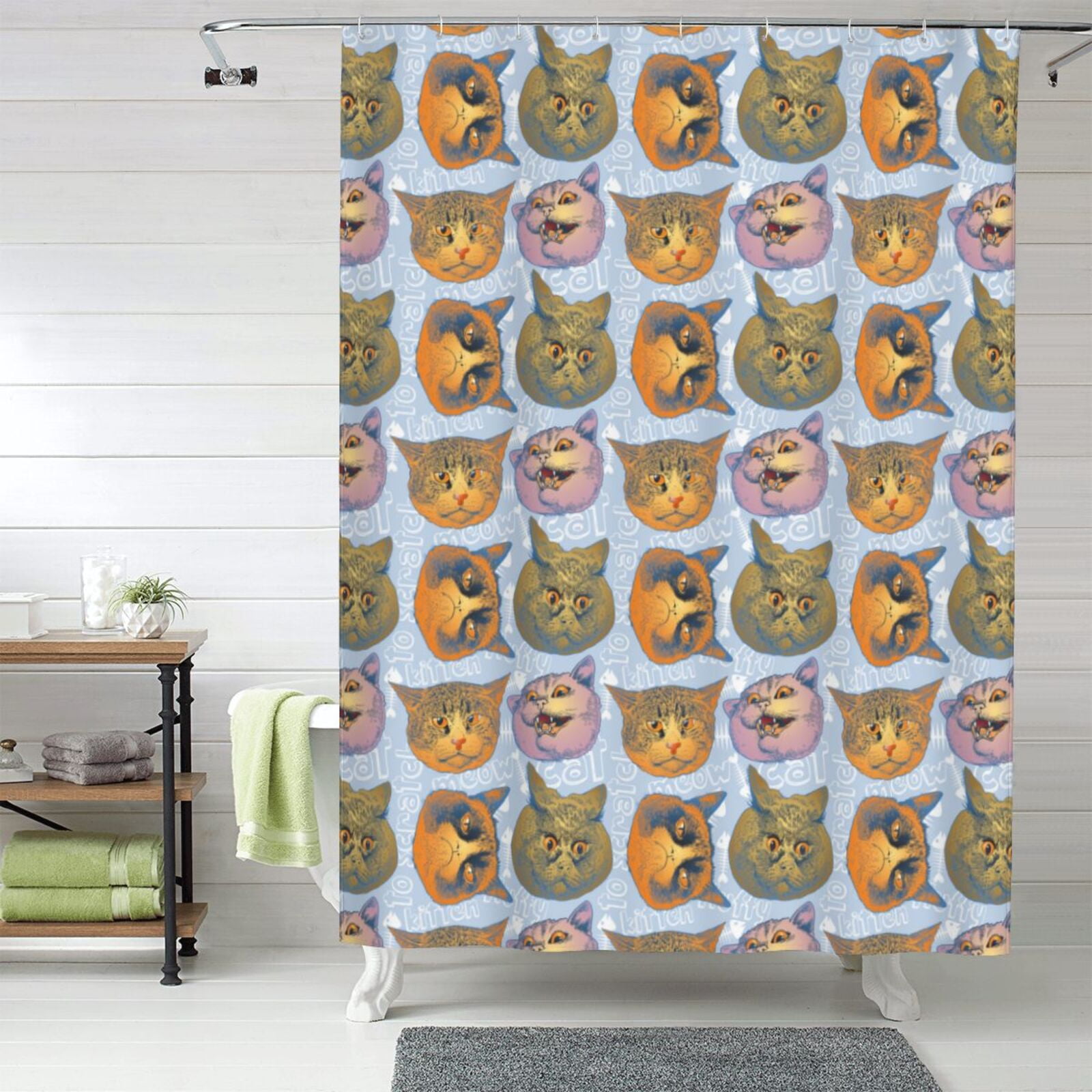 Shower Curtain 60 x 72 inch - Hand Drawn Funny Cat Face Waterproof